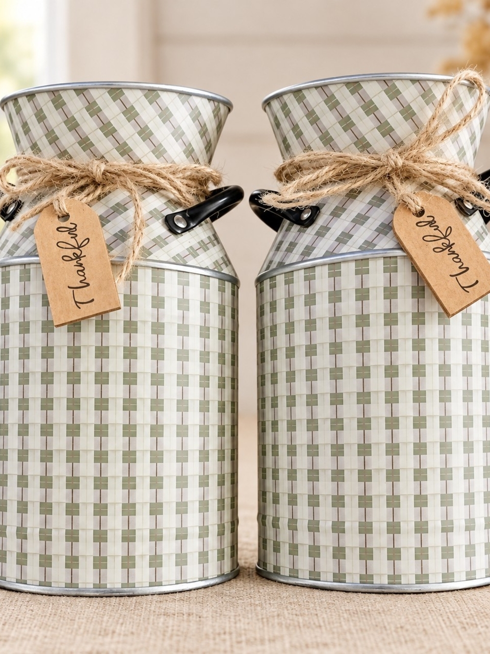 Two Thanksgiving Table Plaid Decorative Milk Cans Vase Metal